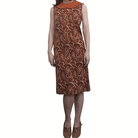 60s Mod Print Dress Rust Spice Sleeveless Vintage… - image 3