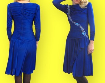 Blue Sequin Dress Beaded Vintage 80s XS Figure Skating Skater Style