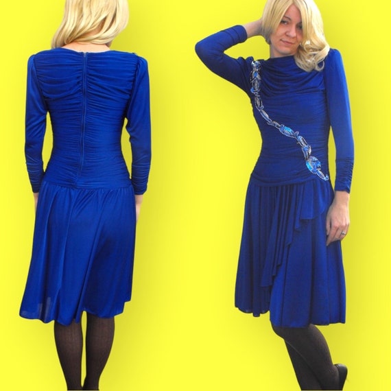 Blue Sequin Dress Beaded Vintage 80s XS Figure Sk… - image 1