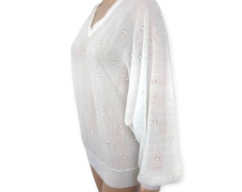 80s Sheer Sweater Dolman Sleeve Vintage Off White S