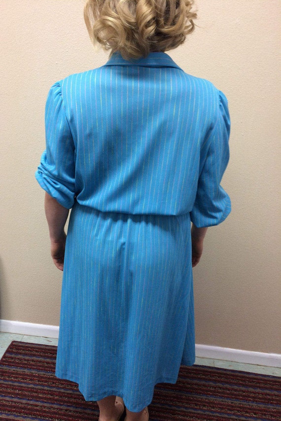 Blue Retro Dress 80s does 50s Sheer Striped Casua… - image 7