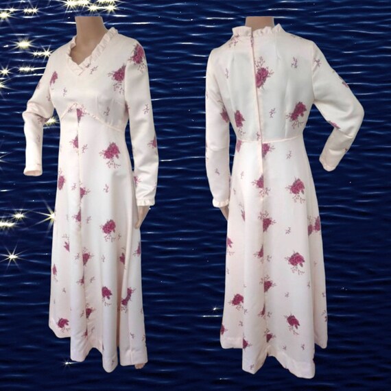 70s Floral Print Dress Long Sleeve Gown Long Pink… - image 1