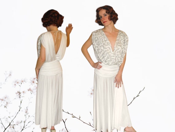 80s White Sequin Dress Old Hollywood Gown Wedding… - image 1