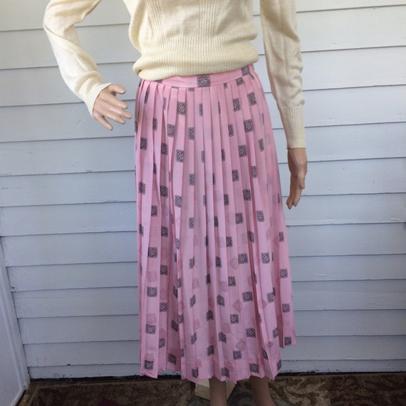 80s Pleated Pink Print Skirt Long Midi M Breckenr… - image 4