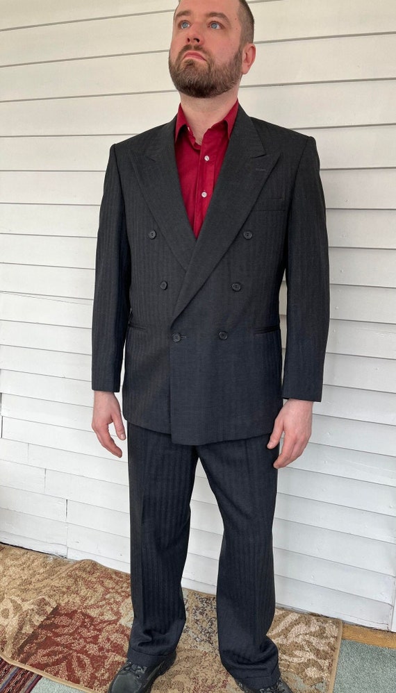 Dark Gray Double Breasted Suit Vintage Mens 42 34