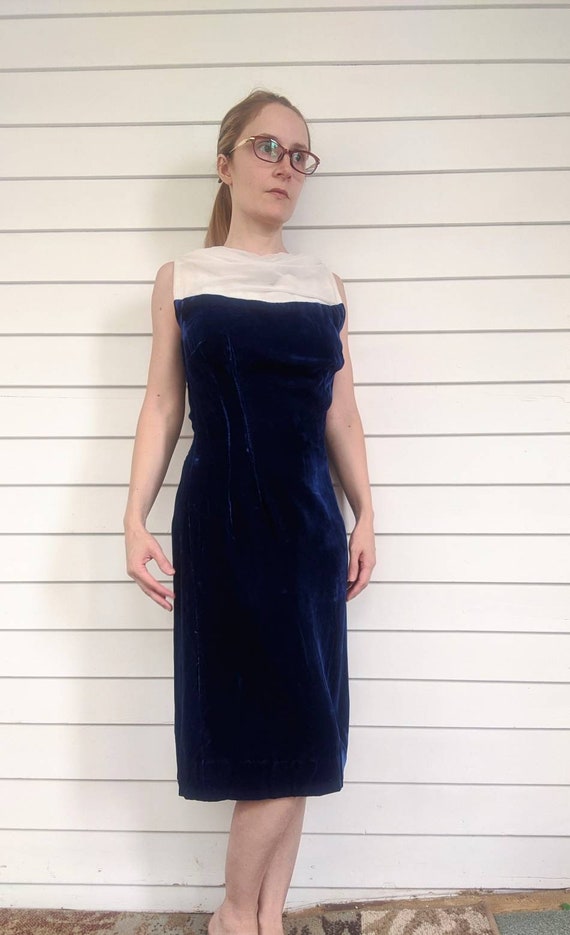 Blue Velvet Party Dress Chiffon 60s Sleeveless XS - image 4