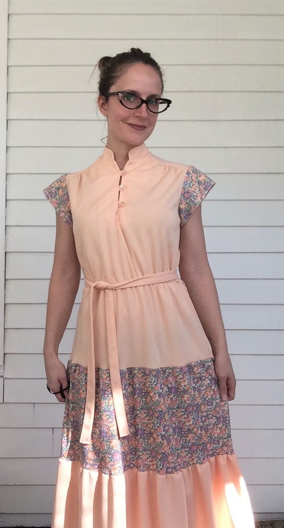 70s Peach Floral Dress Polyester Vintage S - image 3