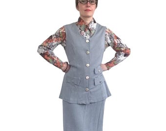 70s Teacher Librarian Outfit Vest Skirt and Blouse Gray Mod Academic S