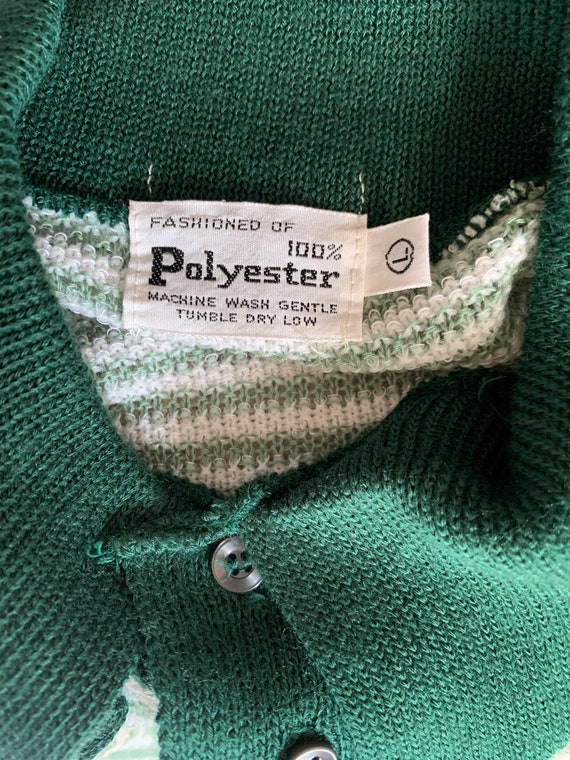 70s Green Striped Top Shirt Sage Sheer Knit L Cas… - image 2