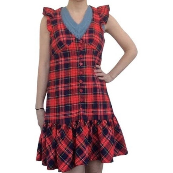 Plaid Mod Mini Dress 60s Red Ruffle Heart Buttons… - image 1