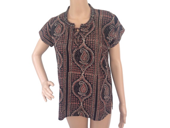 Vintage India Top Beaded Print Blouse Casual S M - image 1