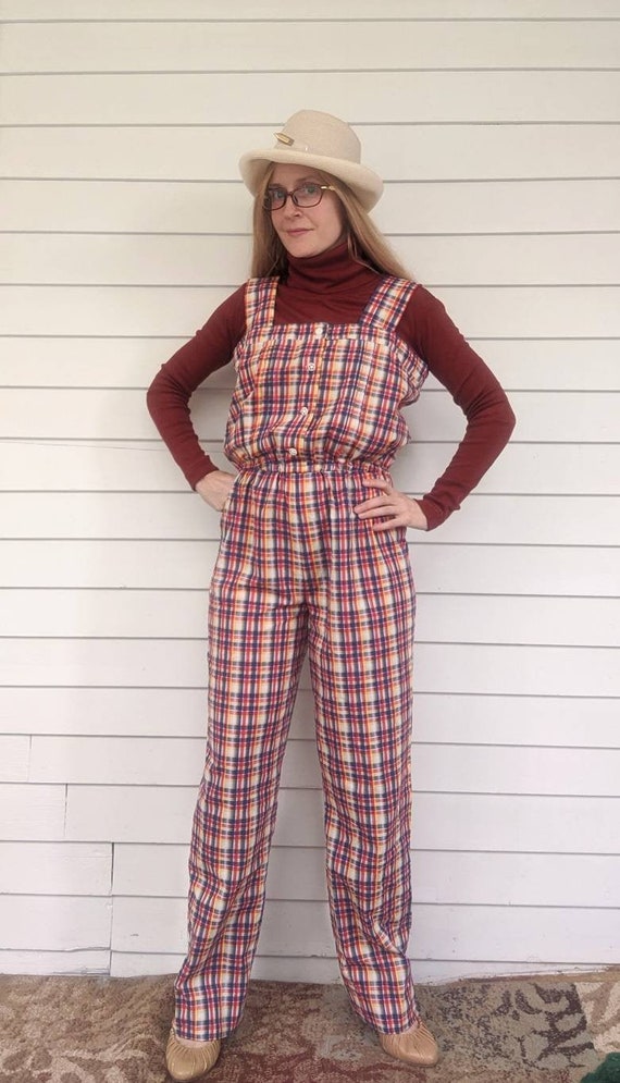 70s Plaid Jumpsuit S White Blue Yellow Red Rainbow - image 4