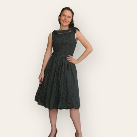 50s Dark Green Dress Polka Dot Print Sleeveless V… - image 2