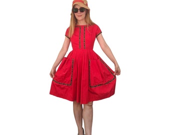 60s Red Folk Dress Pocket Full Skirt Vintage XS