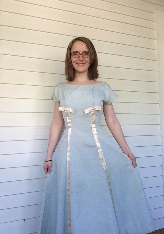 50s Blue Party Dress Adrian Tabin XS Full Skirt - image 10