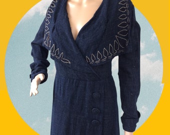 Vintage 30s Dark Blue Dress Large Collar NRA Eagle XL Plus AS Is
