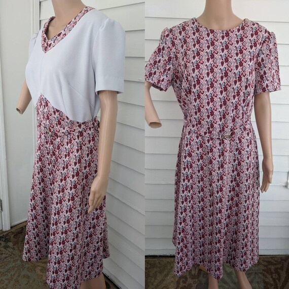 Mod Print Dress Polyester Gray Red Blue Vintage XL