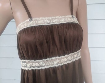 Love Lace Nightgown Valentines Day Lingerie Brown Long Vintage S XS