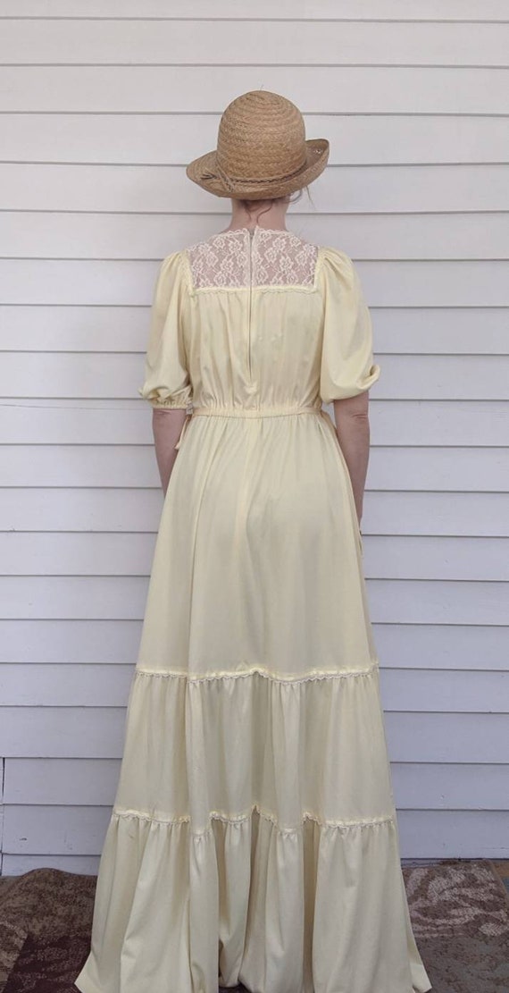 70s Yellow Maxi Dress Hippie Vintage Lace Necklin… - image 4