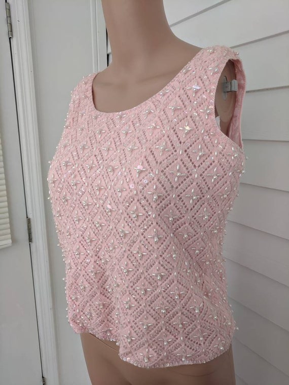 Pink Cashmere Sweater Beaded Sequin Sleeveless 50… - image 2