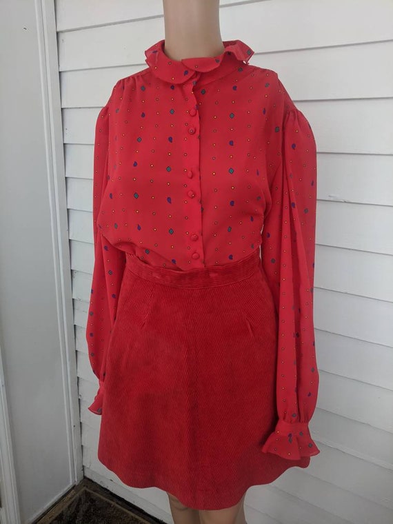 60s Red Corduroy Knee Skirt 22 Waist XXS Vintage - image 2