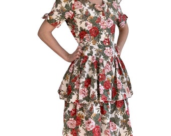 80s Floral Print Dress Romantic Tiered Vintage XS S