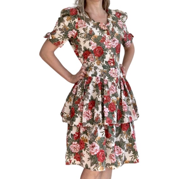 80s Floral Print Dress Romantic Tiered Vintage XS… - image 1