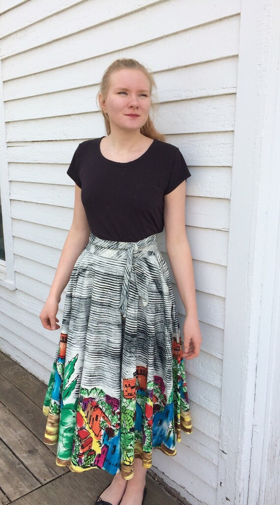 50s Mexican Skirt Wrap Painted Village Scene Cuern