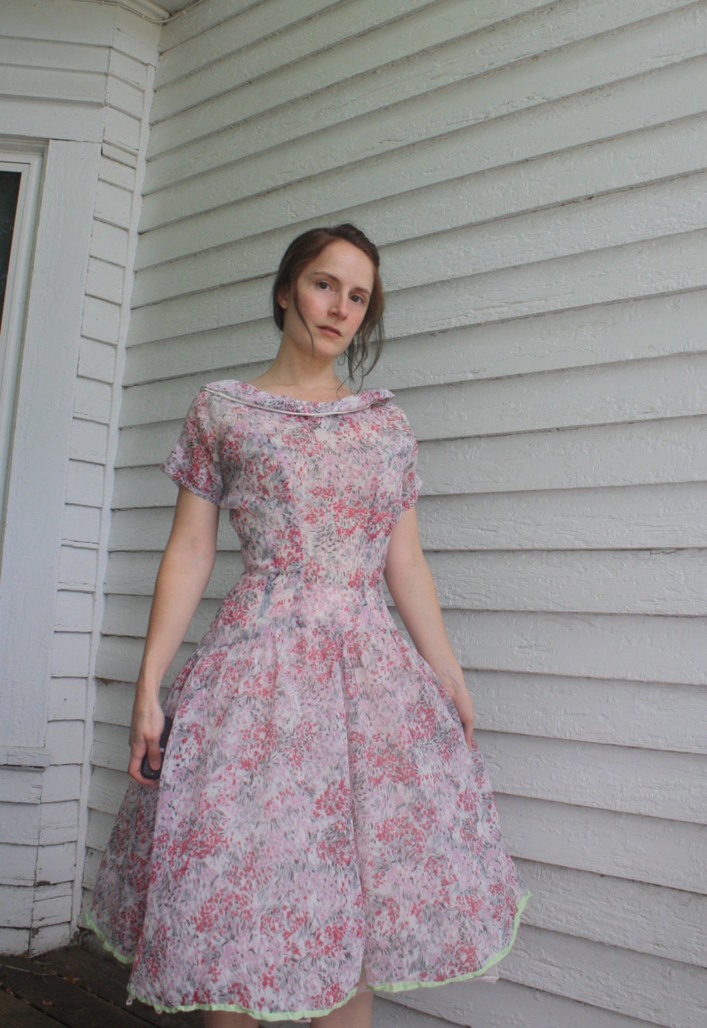 50s Sheer Dress Floral Print Full Skirt XS Vintage 1950s - Etsy
