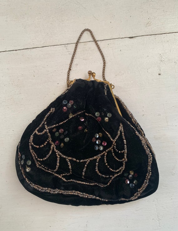 Black Velvet Beaded Sequin Mini Purse Antique - image 6