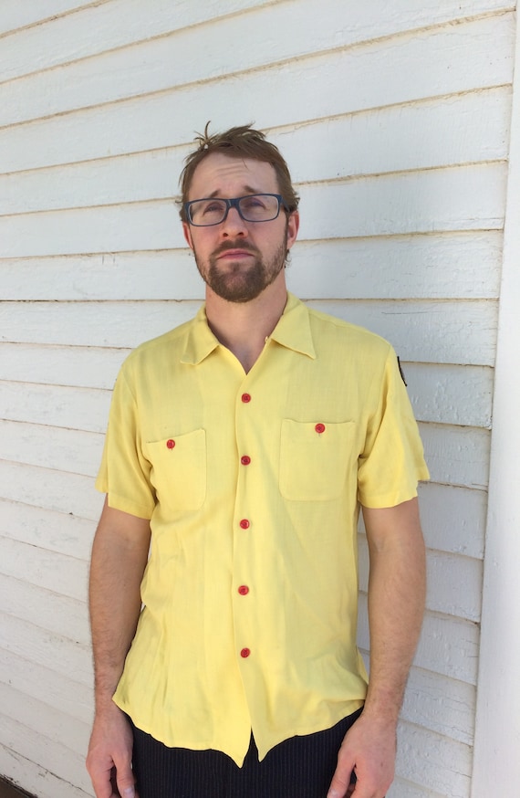 50s Yellow Bowling Shirt Air Flo Mens Short Sleev… - image 1