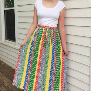 70s Hippie Striped Summer Maxi Skirt S 26 Multi Mixed Print