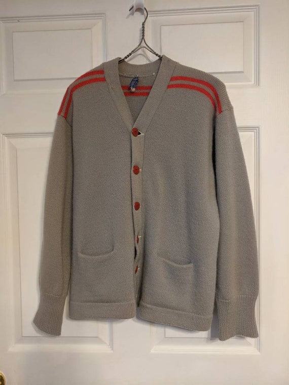 30s 40s Gray Red Striped Cardigan Sweater Mens All