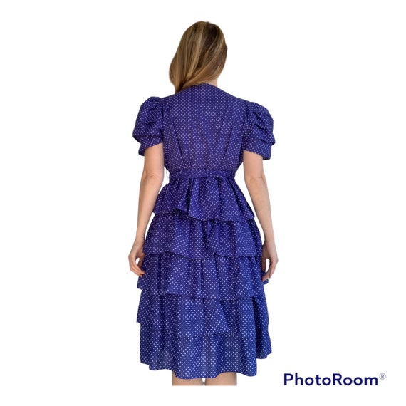 80s Blue Polka Dot Dress Tiered Short Sleeve XS - image 4