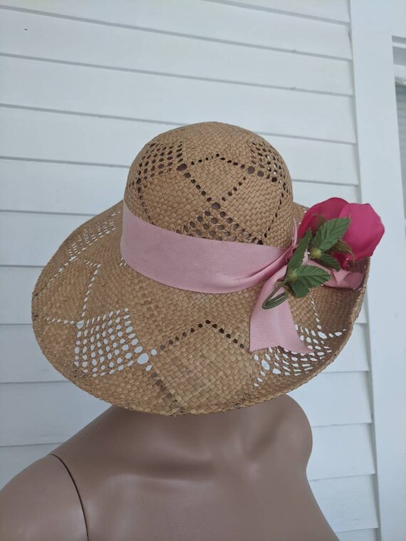 Vintage Straw Summer Hat Wide Brim Ribbon Floral … - image 3