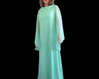 70s Maxi Dress Seafoam Sheer Sleeve Beaded Formal L M