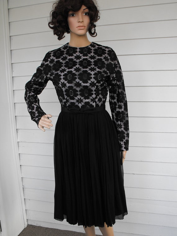 60s Black Floral Lace Dress Party Pleated Long Sl… - image 7