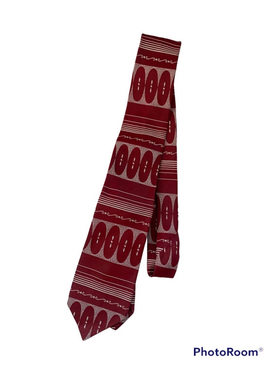 40s Red Print Necktie Burgundy Midcentury Tie Aut… - image 1