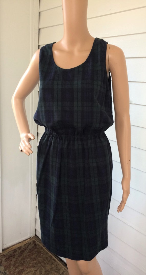 Lands End Plaid Dress Cotton Green Blue Sleeveles… - image 4