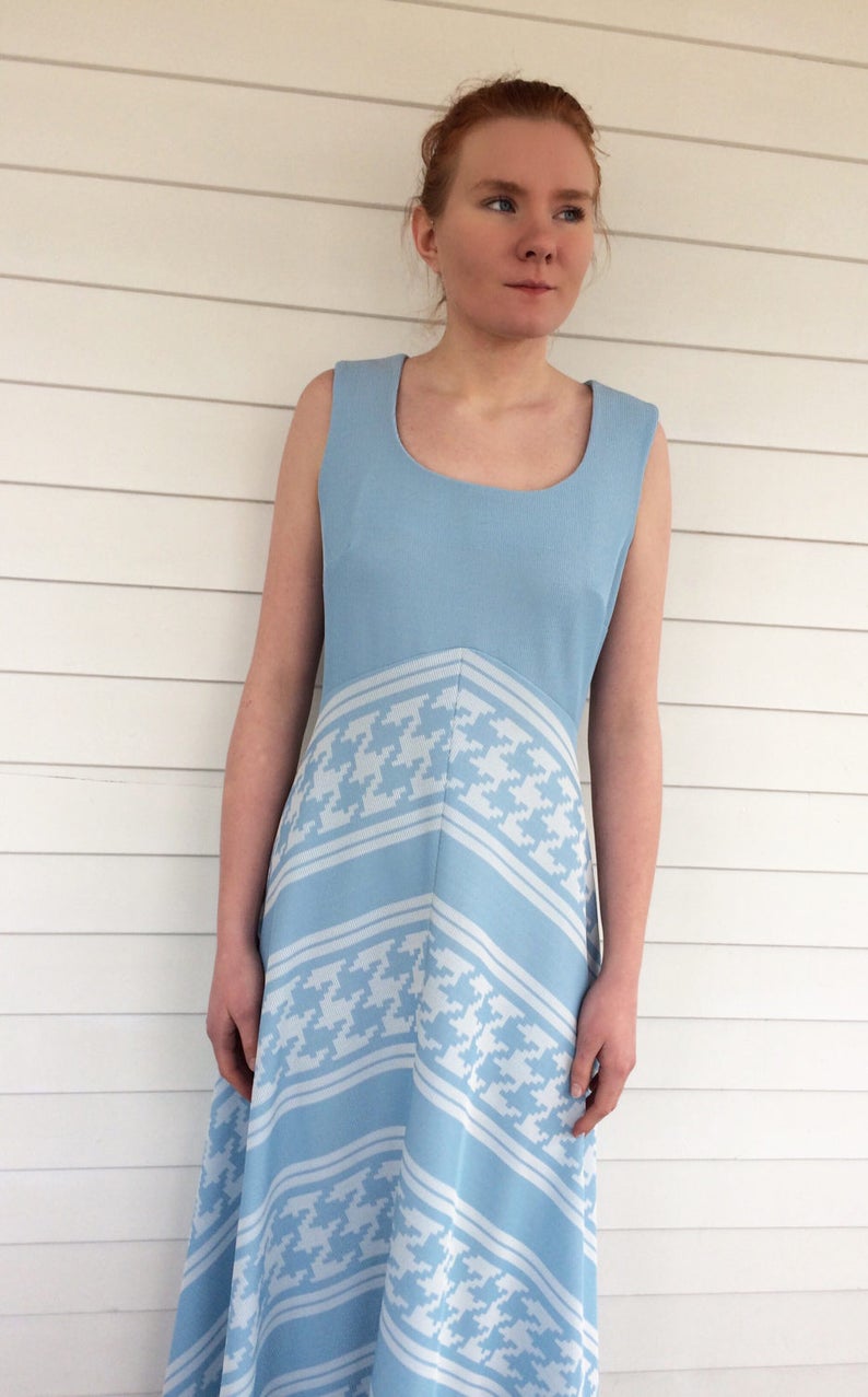 70s Mod Maxi Dress Blue Chevron Long Alfred Werber Vintage M L image 7