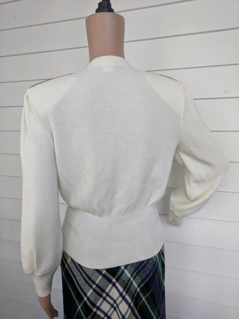80s Sweater Ivory Beaded Shoulder Jumper Retro Collar Vintage Knit