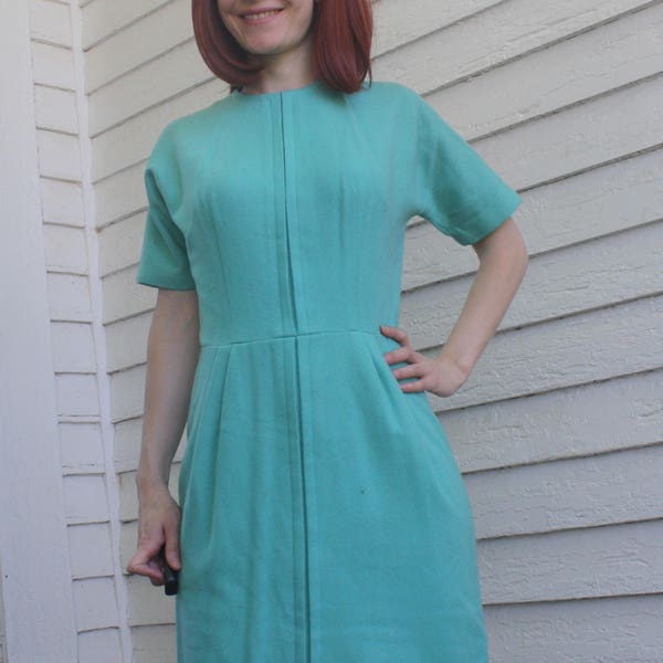 60s Dress Mod Short Sleeve Wool Aqua S XS Vintage 1960s