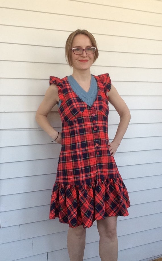 Plaid Mod Mini Dress 60s Red Ruffle Heart Buttons… - image 6