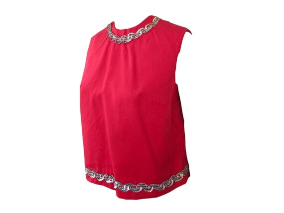 60s Red Blouse Sleeveless Sequin Vintage Shell S - image 1