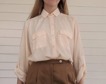 70s Blouse Long to Cuff Sleeve 70s Vintage M Blue Gray Aqua or Coral Poly Crepe