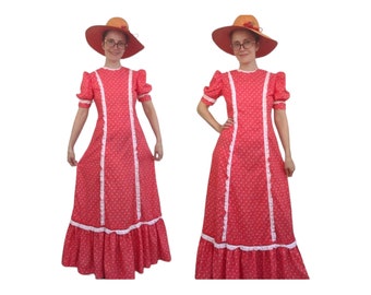 Vestido vermelho da pradaria anos 70, mãe e filha, irmãs, escolha o tamanho XS ou meninas, Cottagecore
