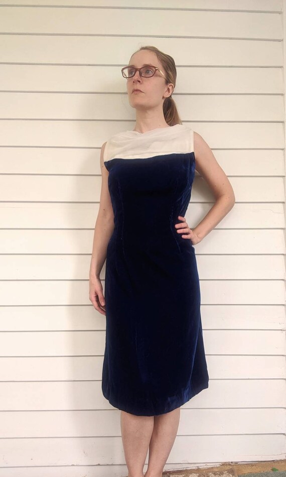 Blue Velvet Party Dress Chiffon 60s Sleeveless XS - image 7