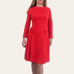 Mod Tomato Red Dress 60s Long Sleeve Wool Blend XS