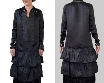 20s Flapper Dress Antique Black Satin Silk Moire Ruffle 1920s Vintage S