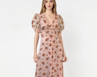 70er Jahre Maxi Kleid Hippie Floral Long Vintage S Peach